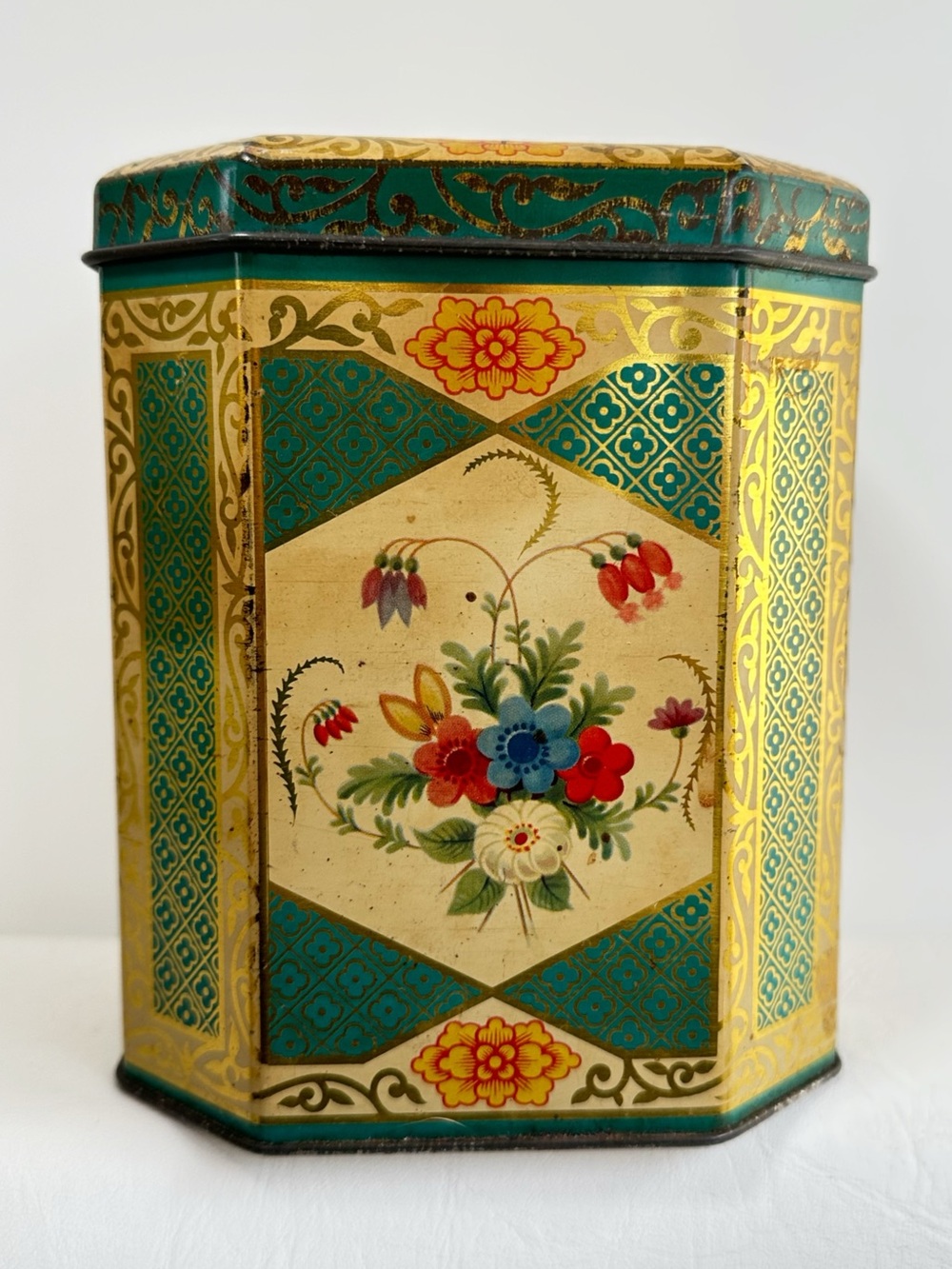 Vintage Gray Dunn Floral Decorative Tin - Gold and Teal Home Accent